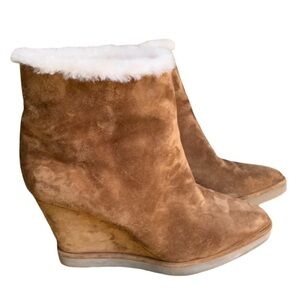 Tamara Mellon Made in Italy Suede Wedge Boots with Faux Fur Lining Brown Sz 36.5